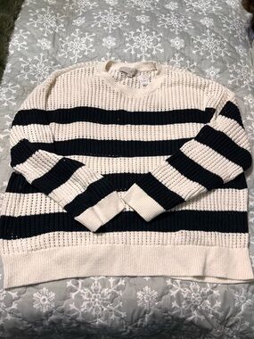 LOFT Cream and Black Open-Knit Striped Crewneck Sweater